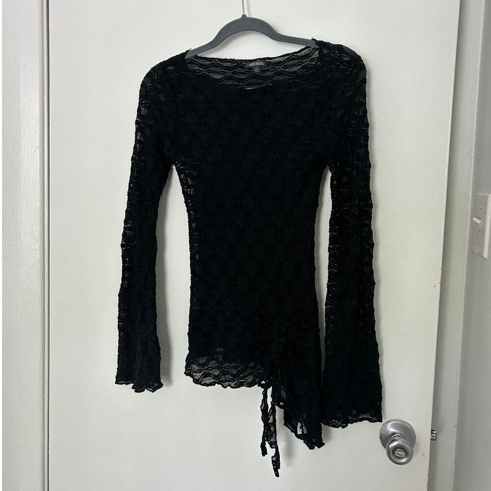Sheer Black Lace Asymmetrical Hem Long Sleeve Top - Picture 2 of 6